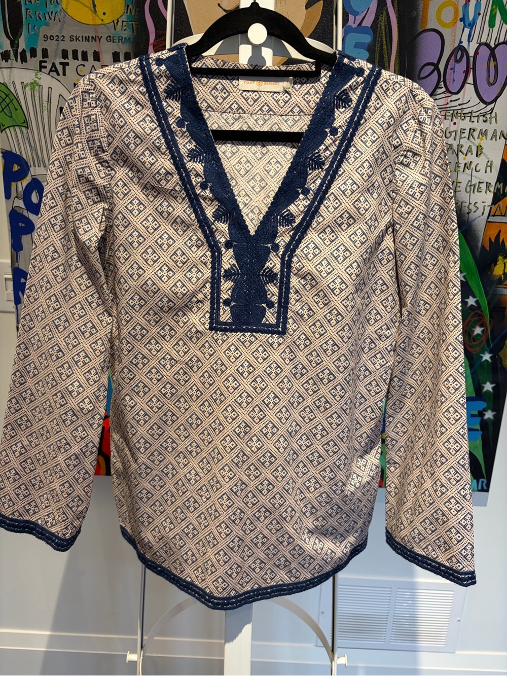 Tory Burch Navy and Cream Embroidered Geometric Tunic